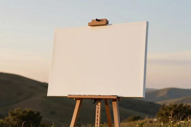 Wooden easel holding a blank canvas sits on a grassy hillside at golden hour sunset