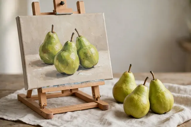 A tabletop easel holding a pear still life painting sits beside matching real green pears on linen cloth