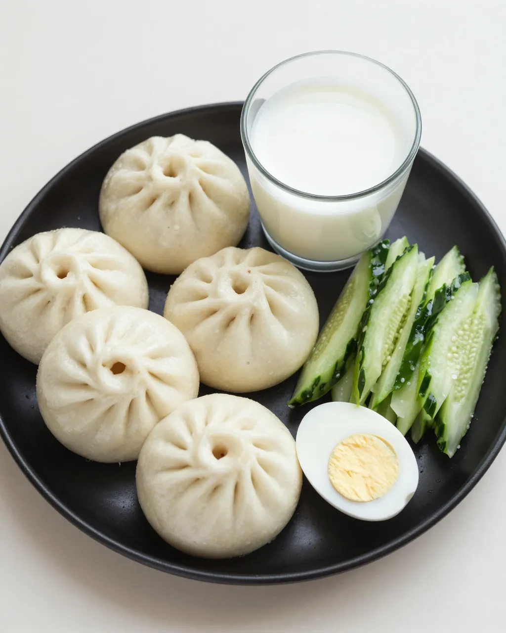 Black plate holds steamed buns, soy milk, sliced cucumber, and a halved boiled egg on a light neutral surface