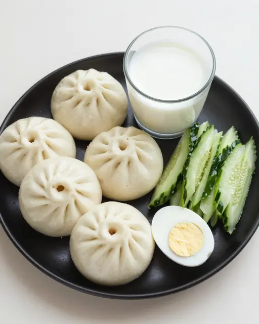Black plate holds steamed buns, soy milk, sliced cucumber, and a halved boiled egg on a light neutral surface