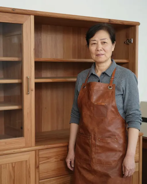 A middle-aged East Asian woman in a leather apron stands beside a wooden cabinet in a workshop