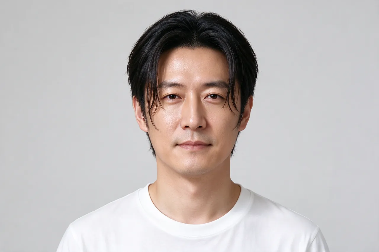 Head and shoulders portrait of an East Asian man in his thirties against a plain light gray background