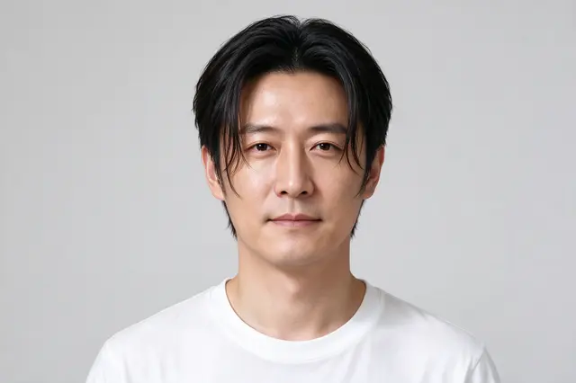 Head and shoulders portrait of an East Asian man in his thirties against a plain light gray background