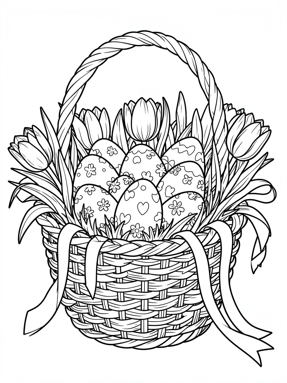 Black and white line art of an intricate easter basket filled with decorated eggs, tulips, and ribbons on a plain white