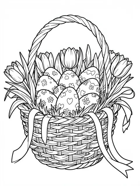Black and white line art of an intricate easter basket filled with decorated eggs, tulips, and ribbons on a plain white