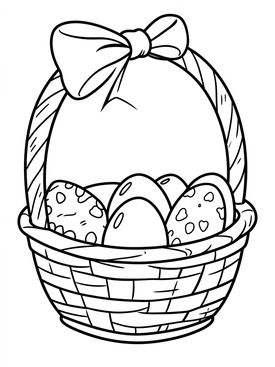 Black and white line art of an Easter basket filled with decorated eggs and a large bow on a plain white background.