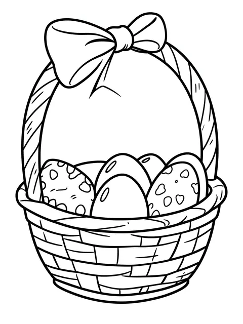 Black and white line art of an Easter basket filled with decorated eggs and a large bow on a plain white background.