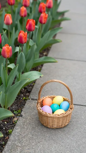 A small wicker basket of pastel Easter eggs sits on a stone path next to red tulips in a spring garden.