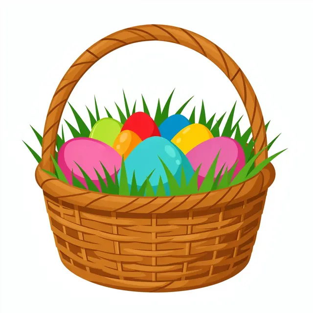 Flat clipart illustration of a wicker Easter basket filled with green grass and bright colorful eggs on a plain white