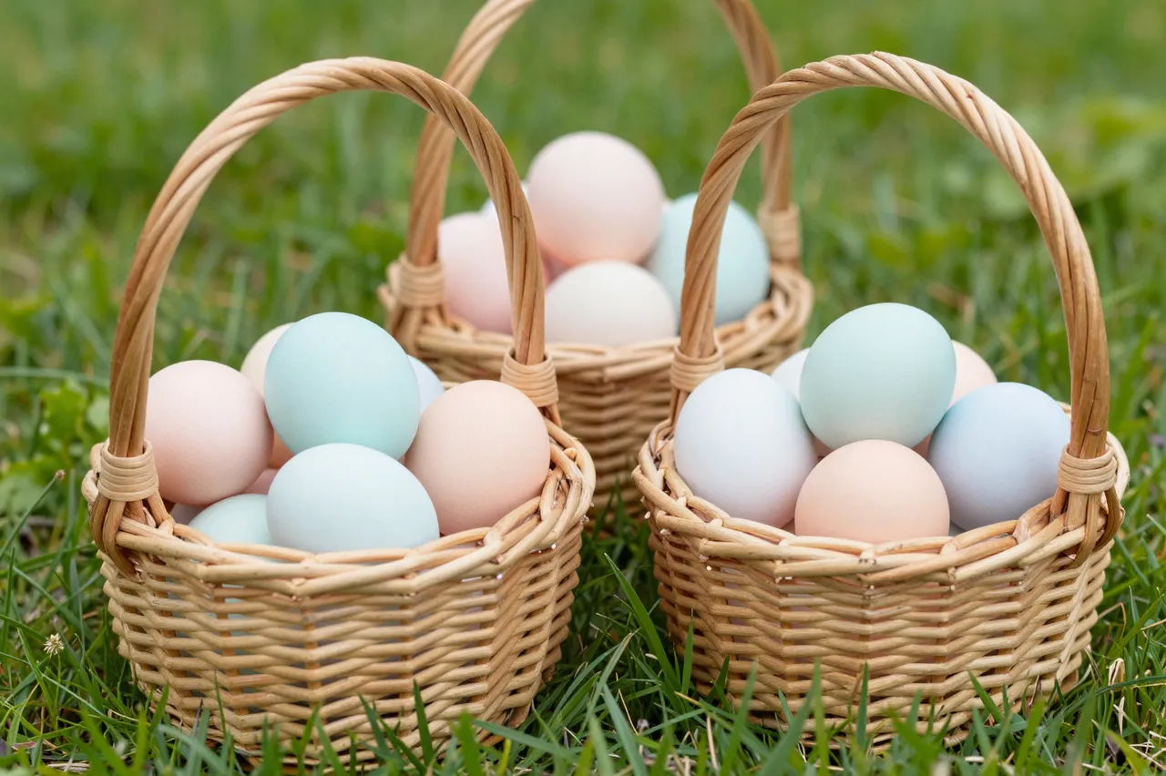 Three wicker baskets filled with soft pastel Easter eggs sit on lush green garden grass