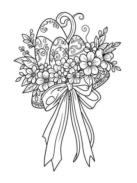 Black and white line art of an Easter arrangement with decorated eggs, flowers, and a bow on a plain white background