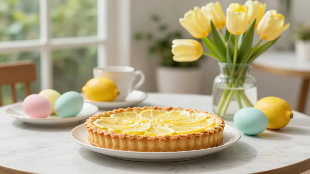 Sunlit table set with lemon tart, pastel Easter eggs, yellow tulips, and tea in a bright conservatory.