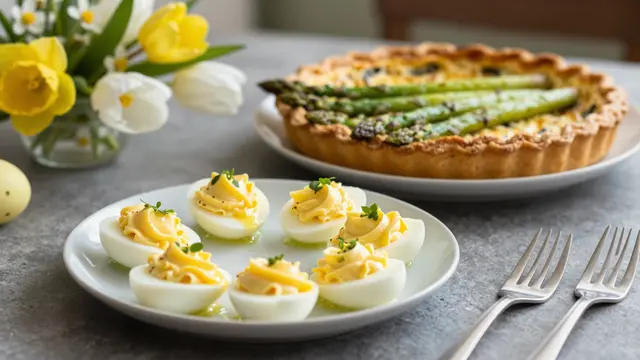 Deviled eggs, asparagus quiche and spring flower bouquet arranged on a gray tabletop for Easter brunch