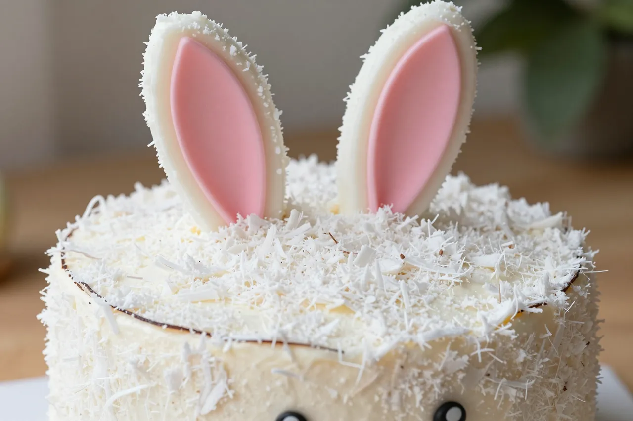Close-up of an Easter bunny cake topped with coconut shavings and pink inner ear decorations