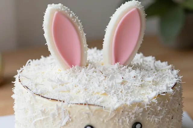 Close-up of an Easter bunny cake topped with coconut shavings and pink inner ear decorations