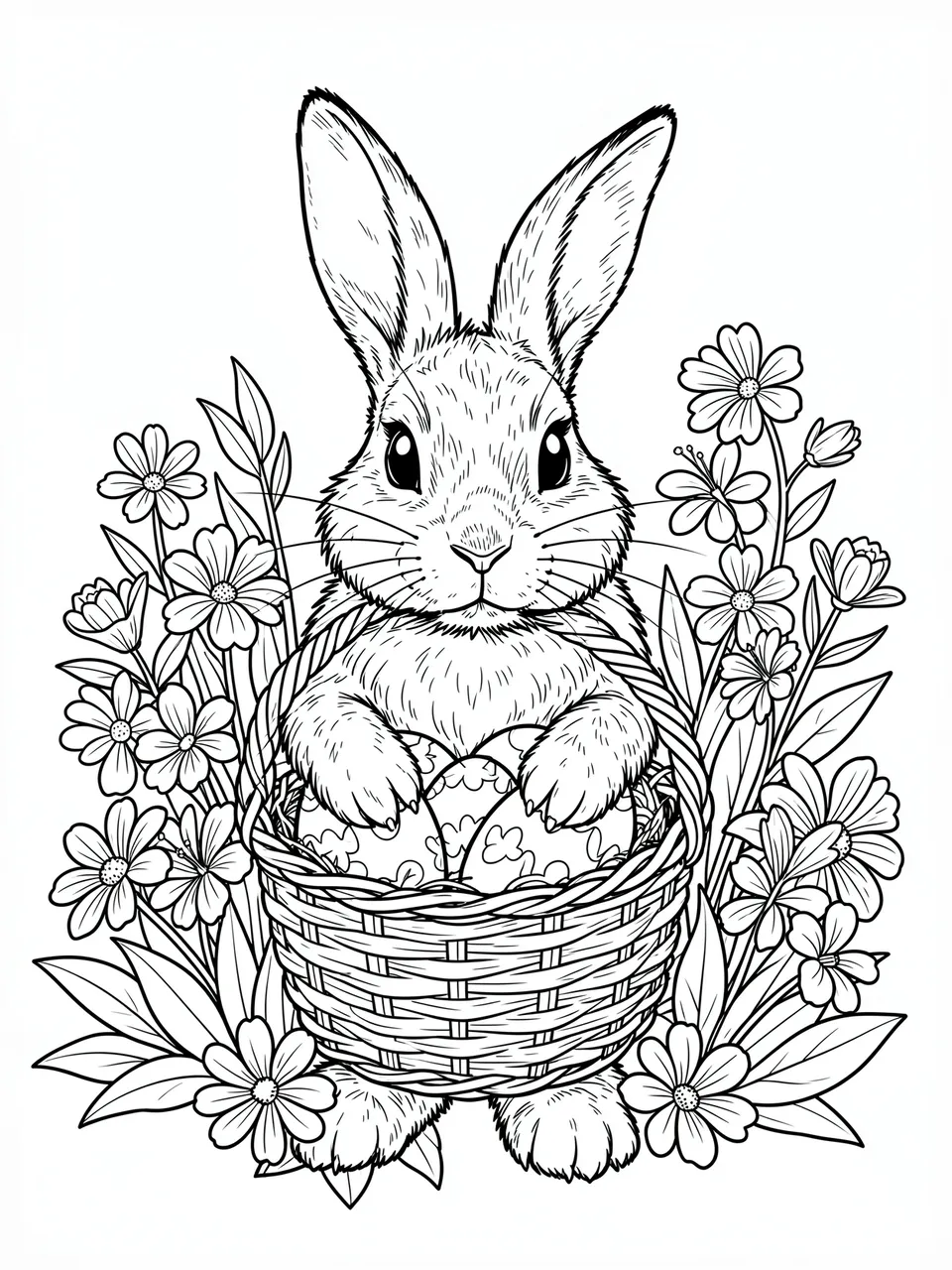 Black and white line art of an Easter bunny holding an egg basket surrounded by spring flowers
