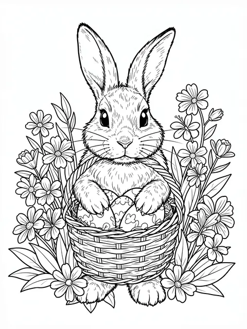 Black and white line art of an Easter bunny holding an egg basket surrounded by spring flowers