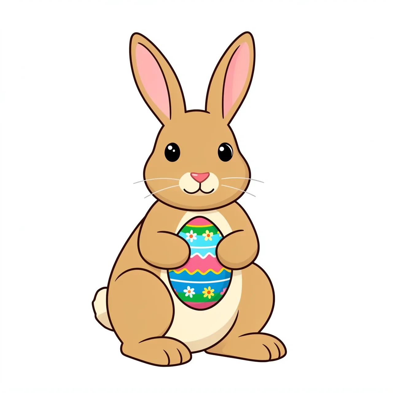 Cute tan cartoon Easter bunny sitting and holding a brightly patterned painted Easter egg