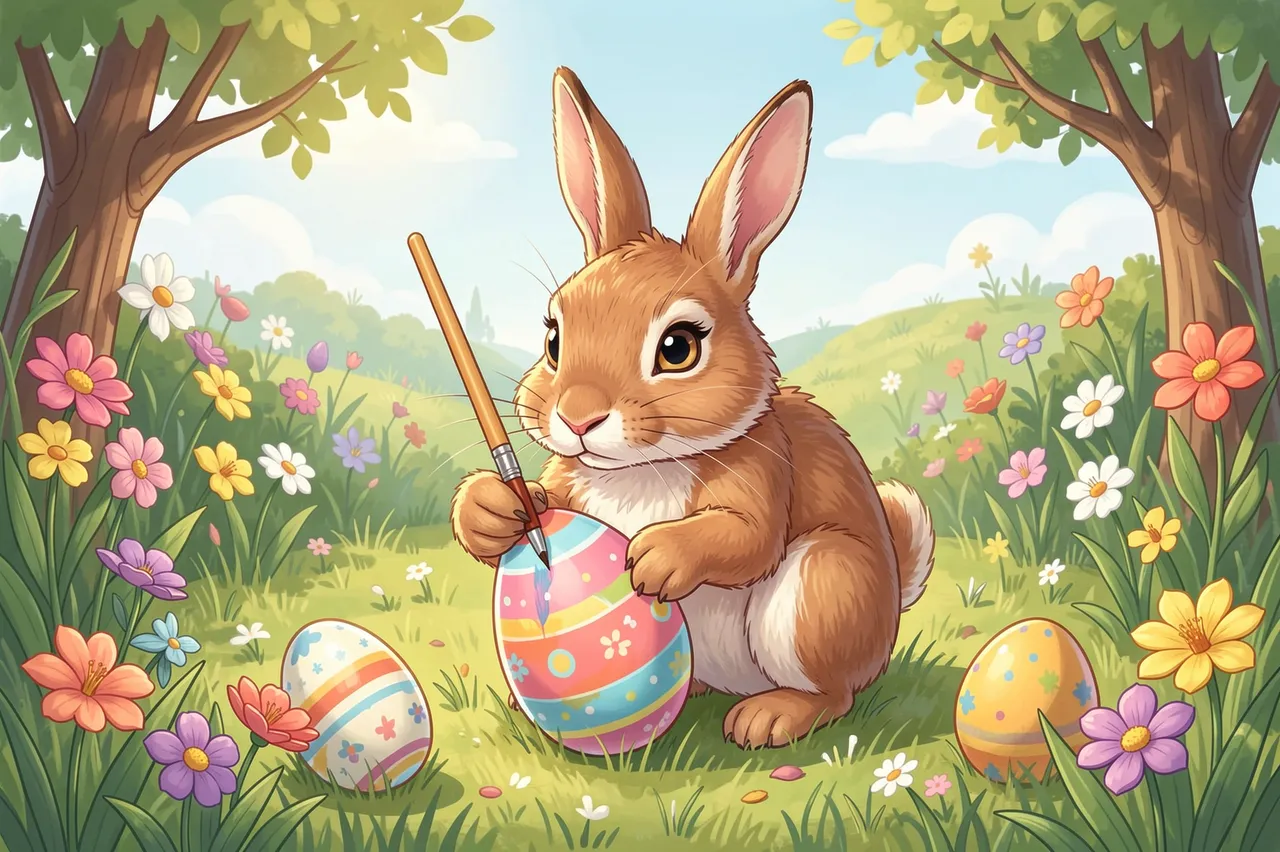 A cartoon rabbit holds a paintbrush decorating a patterned Easter egg in a sunny spring flower garden