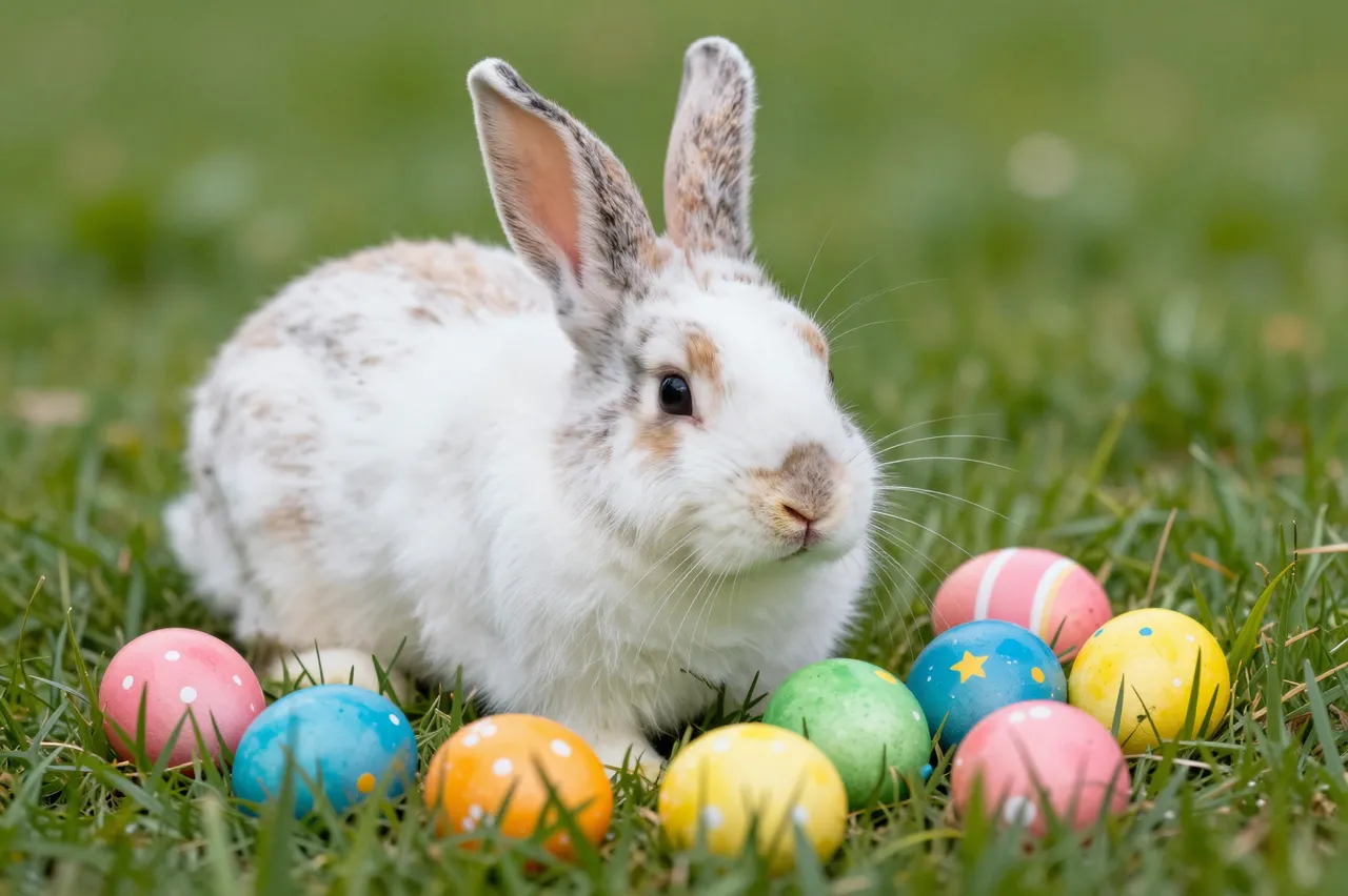 A fluffy spotted rabbit sits among decorated pastel Easter eggs in green grass