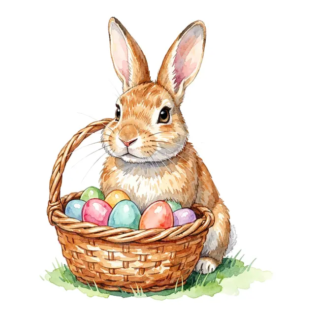 A watercolor Easter rabbit sits beside a wicker basket full of colorful decorated eggs on small grass against a white