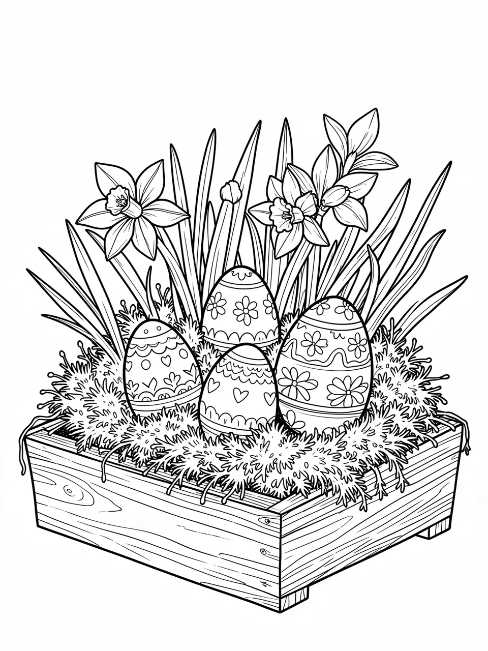 Black and white line art coloring page of decorated Easter eggs, moss and daffodils arranged in a wooden tray on a plain