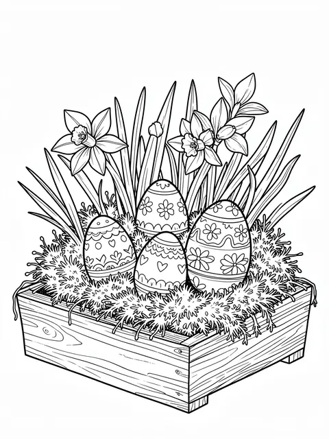 Black and white line art coloring page of decorated Easter eggs, moss and daffodils arranged in a wooden tray on a plain