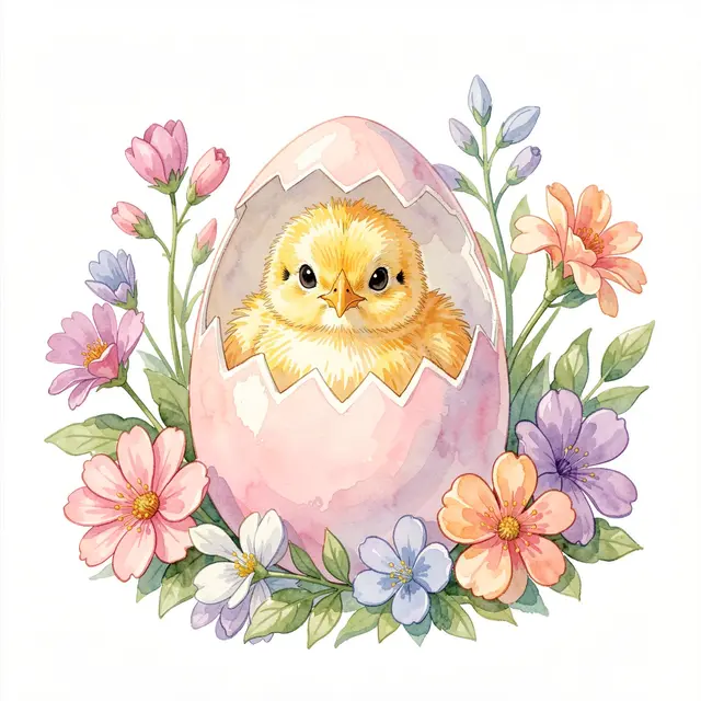 A fluffy yellow chick sits inside a cracked pastel pink egg surrounded by delicate spring flowers