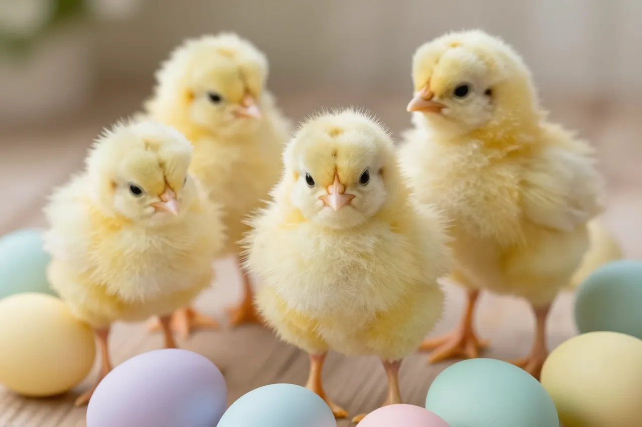 Four fluffy yellow baby chicks stand among soft pastel Easter eggs on a light wooden surface