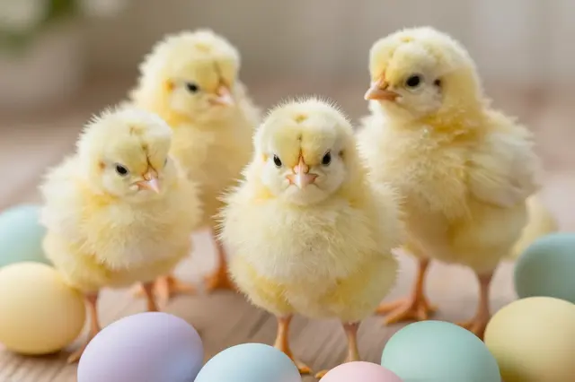Four fluffy yellow baby chicks stand among soft pastel Easter eggs on a light wooden surface