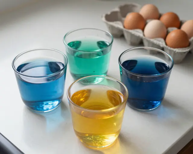 Glasses of colored egg dye sit beside a carton of raw eggs on a kitchen countertop.
