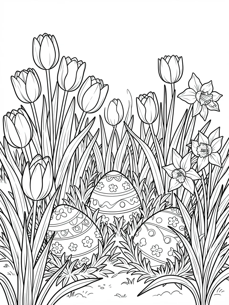 Black and white line art of decorated Easter eggs hidden among tulips and daffodils on a white background