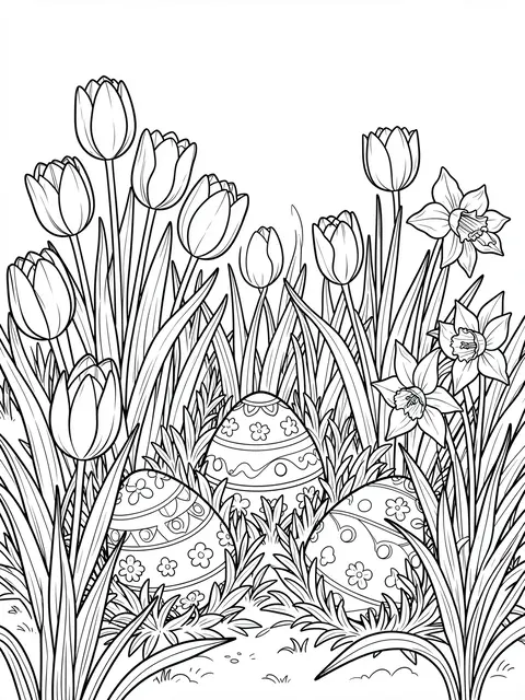Black and white line art of decorated Easter eggs hidden among tulips and daffodils on a white background