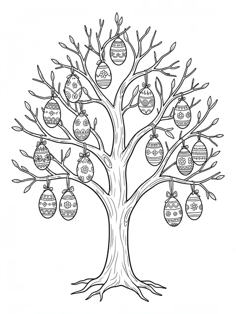 Black and white line art of a bare budding tree decorated with patterned hanging Easter eggs for a coloring page