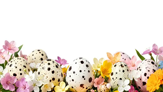 Speckled Easter eggs nestle among colorful spring flowers along the bottom of a blank white background.