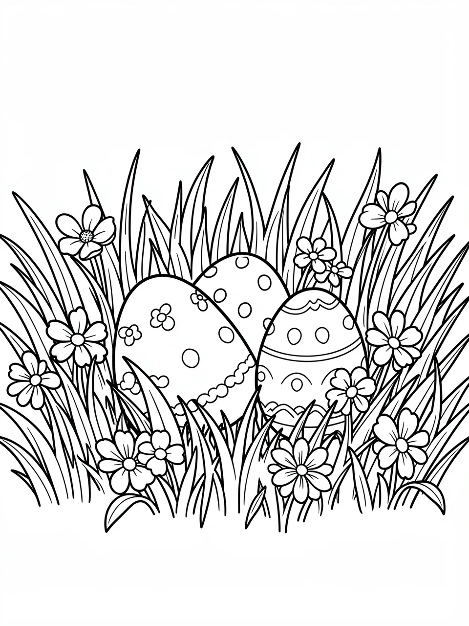 Black and white bold line art of decorated Easter eggs nestled in grass and flowers on a white background