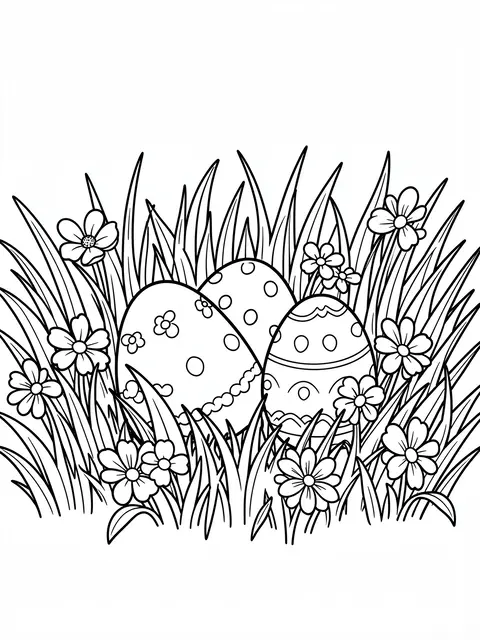 Black and white bold line art of decorated Easter eggs nestled in grass and flowers on a white background