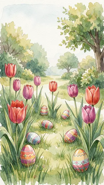 Watercolor illustration of decorated Easter eggs hidden among tulips in a sunlit garden path