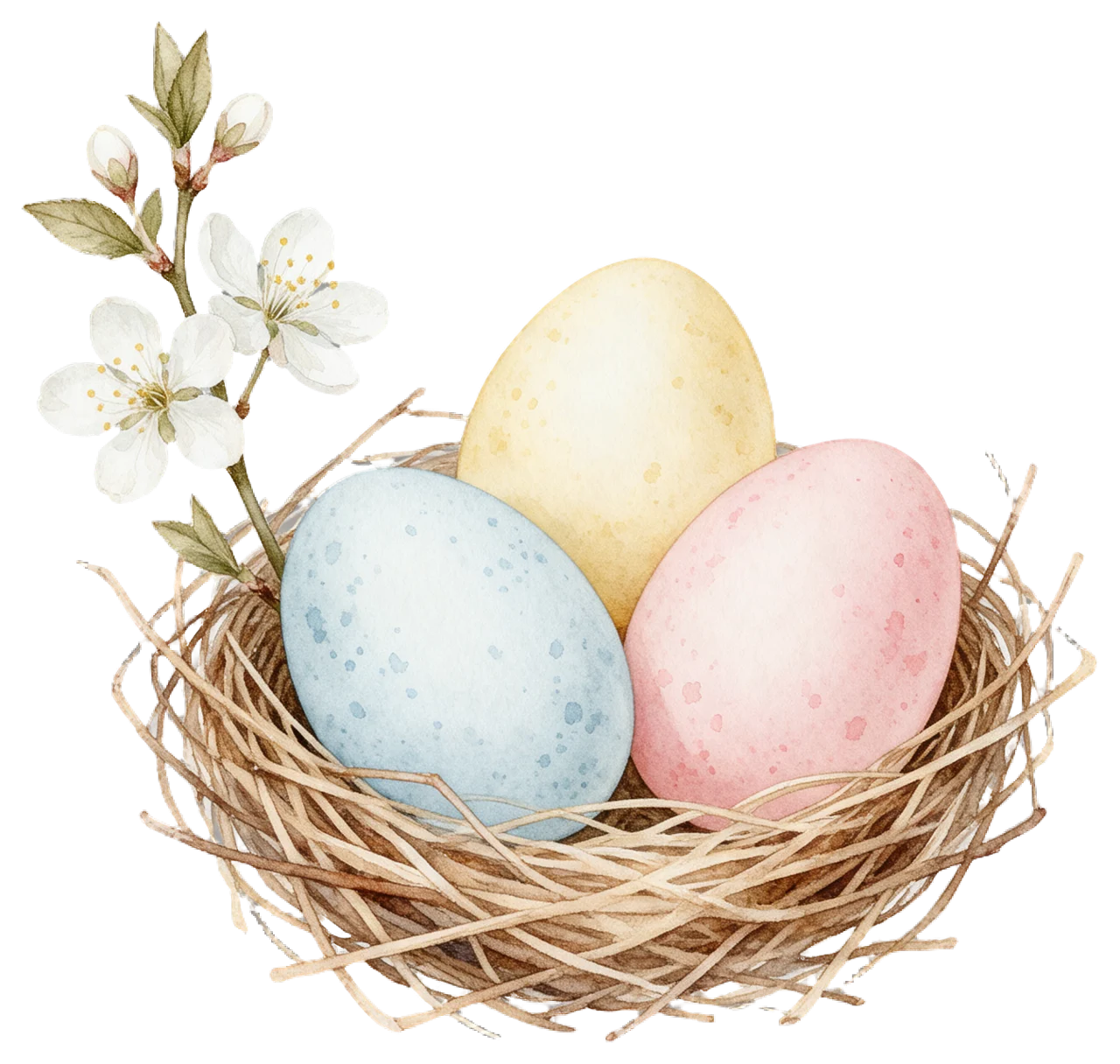 Watercolor illustration of three speckled pastel Easter eggs resting in a woven twig nest with a white blossom sprig