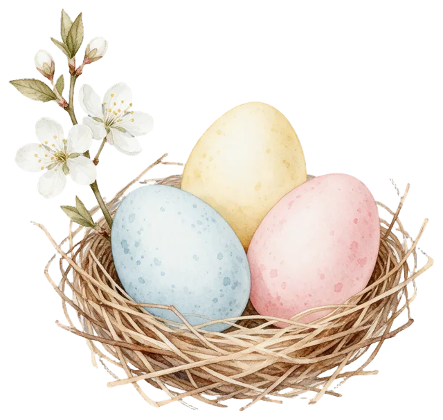 Watercolor illustration of three speckled pastel Easter eggs resting in a woven twig nest with a white blossom sprig