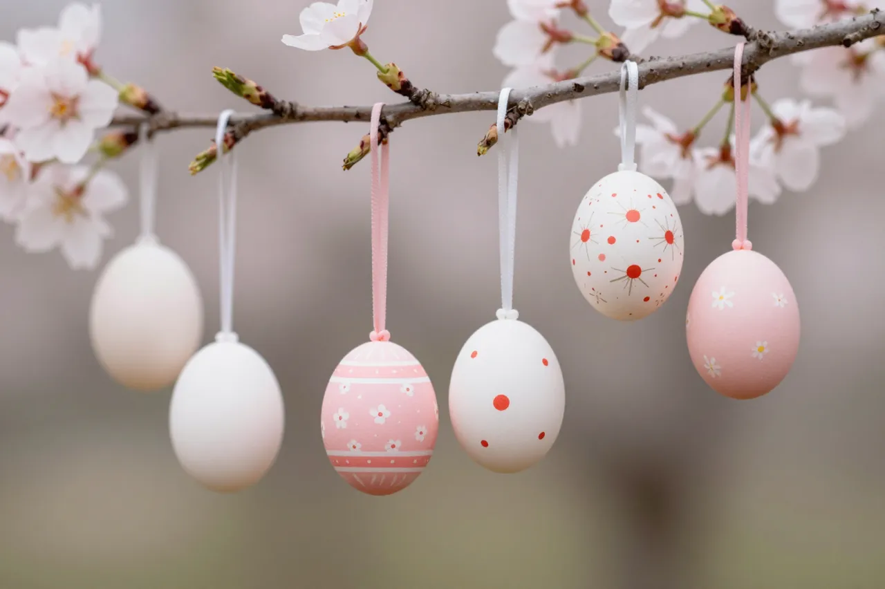 Decorated painted Easter eggs hang from a flowering cherry blossom branch against a soft blurred background