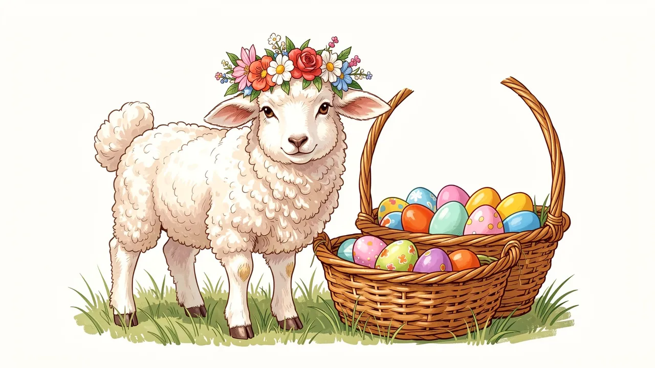 A fluffy white lamb wearing a colorful flower crown stands beside two wicker baskets of decorated Easter eggs on grass.