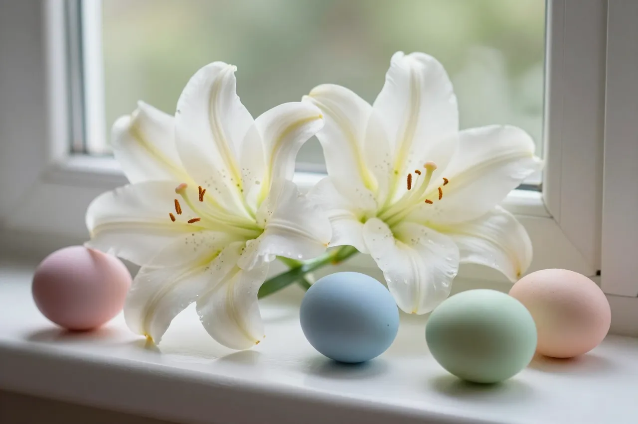 White easter lilies and matte pastel colored eggs arranged on a bright indoor windowsill with blurred outdoor greenery in