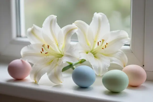White easter lilies and matte pastel colored eggs arranged on a bright indoor windowsill with blurred outdoor greenery in