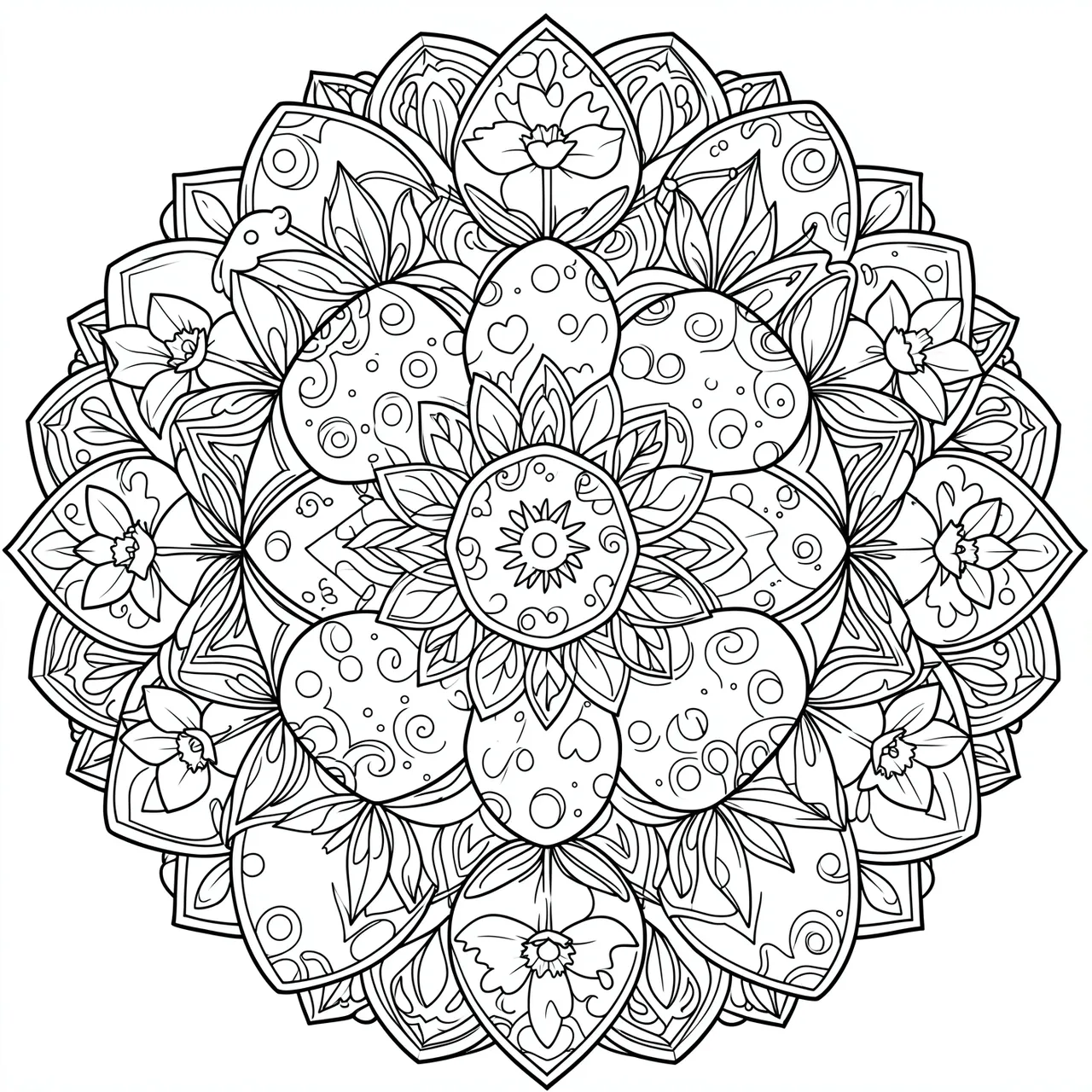 Symmetrical black and white line art mandala decorated with Easter eggs, daffodils, and decorative details on a plain white
