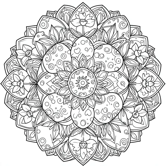 Symmetrical black and white line art mandala decorated with Easter eggs, daffodils, and decorative details on a plain white