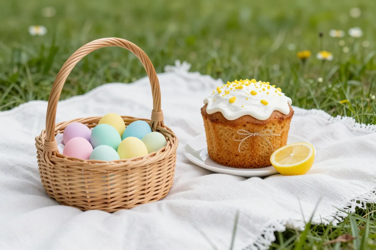 Wicker basket of pastel Easter eggs and iced lemon cake rest on a white picnic blanket in a grassy wildflower meadow