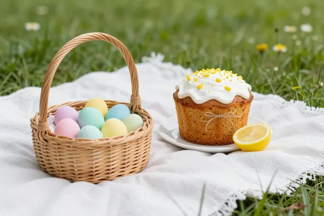 Wicker basket of pastel Easter eggs and iced lemon cake rest on a white picnic blanket in a grassy wildflower meadow