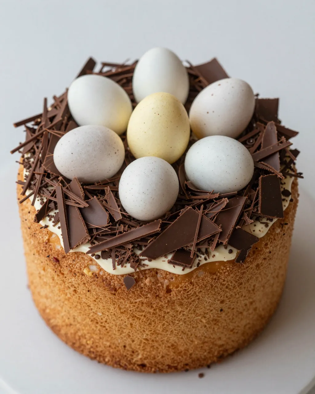 A decorated Easter nest cake topped with chocolate shavings and speckled candy eggs rests on a plain light surface.