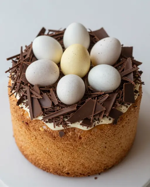 A decorated Easter nest cake topped with chocolate shavings and speckled candy eggs rests on a plain light surface.